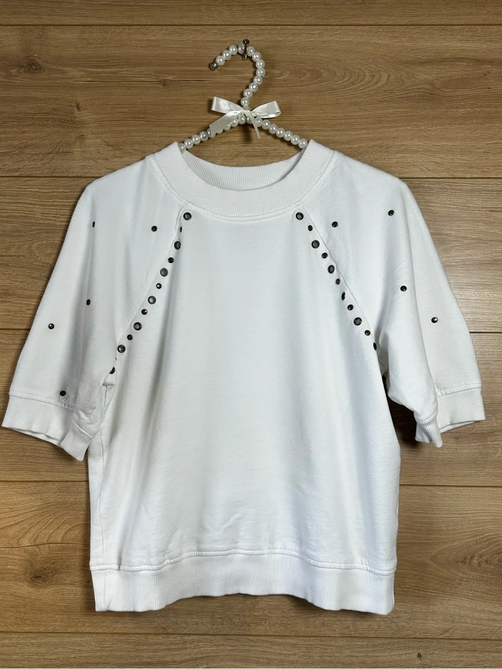 Anthropologie White Eyelet Short-Sleeve Sweatshirt 100% Cotton Size S